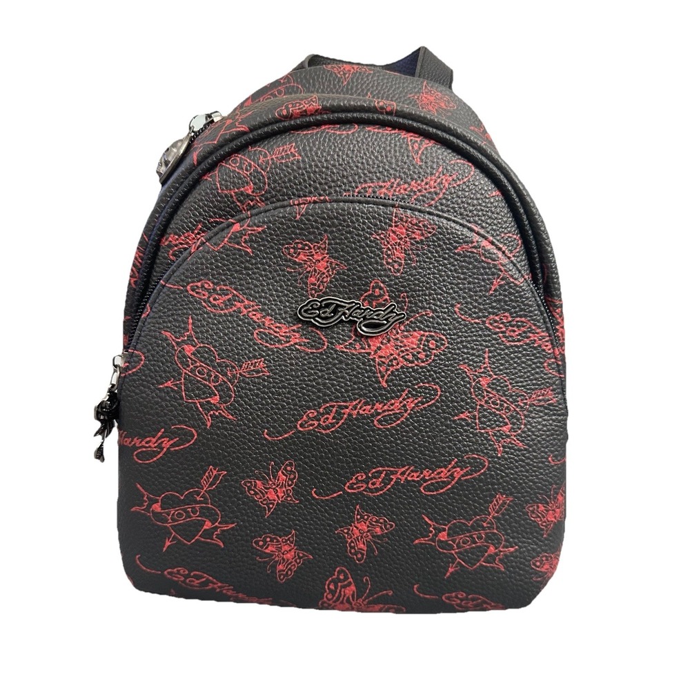 Ed Hardy Women's  Butterfly Design Red/Black Faux Leather Mini Backpack New